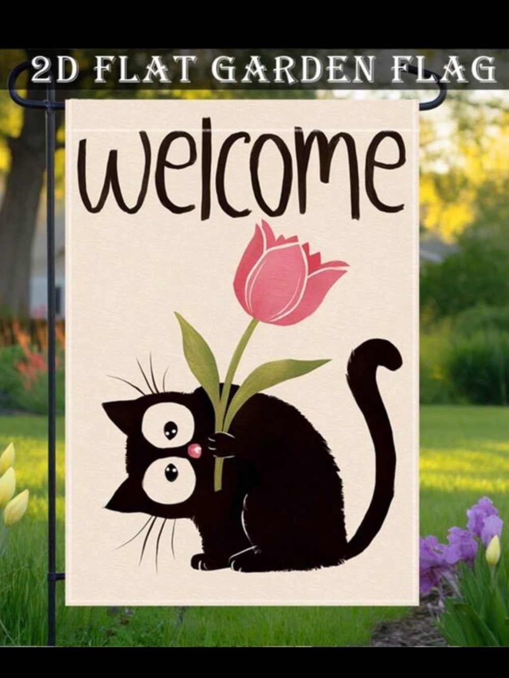 Welcome Garden Flag with Black Cat & Pink Tulip